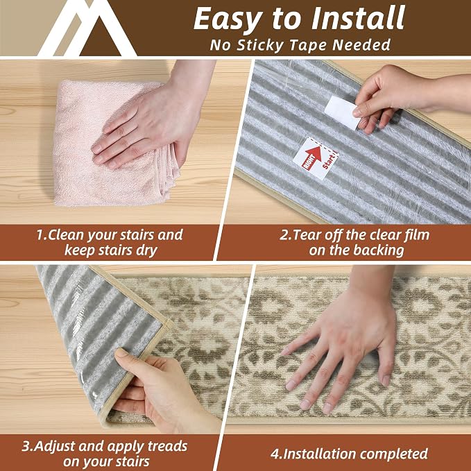 COSY HOMEER Stair Treads for Wooden Steps Indoor with TPE Backing,4Pcs | Non-Slip Carpet Stair Treads, Soft Peel and Stick Stair Runners,Pet-Friendly Stair Runner Washable Reusable,Vine