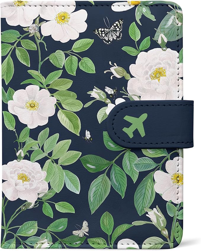 Passport Holder, Cute Travel Wallet Cover with RFID Blocking,flower | PU leather travel wallet with magnetic closure, card slots, pen loop, and easy access for passports and essentials.