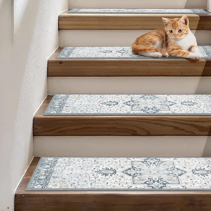 sarben 8"x30" Non Slip Stair Treads for Wooden Steps 15 Pack, Blue | Peel and Stick Carpet Stair Runner with TPE Adhesive Backing, Carpet for Added Safety, Pet and Senior Friendly
