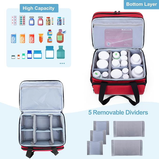 CURMIO Double Layers Pill Bottle Organizer, Medicine Storage Case, Red | Emergency Medical Supplies for Home Care, for First Aid Kits, Multifunctional Bag, Home Storage, Dormitory, Travel, Empty Bag