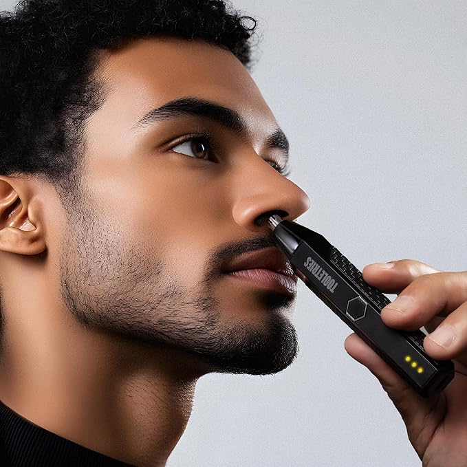 TOOLETRIES The Ranger Nose & Ear Hair Trimmer for Men - Black | Rechargeable waterproof trimmer with stainless steel dual-edge blades, LED spotlight and travel lock.