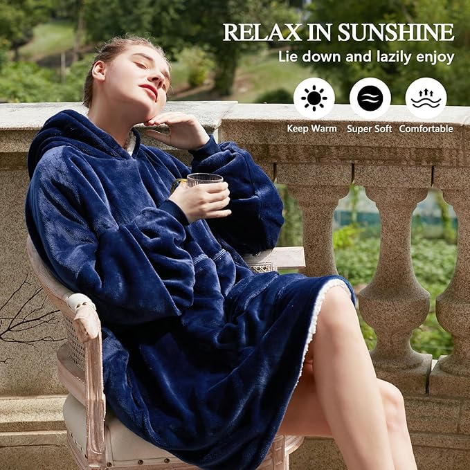 JOYWOO Navy Foldable Wearable Blanket Hoodie,Oversized Cat Lovers Sweatshirt Blanket for Adult, Birthday Gifts for Men,Dad,Husband Cozy Fuzzy Sherpa Hooded Blanket with Giant Pocket and Winter Gifts