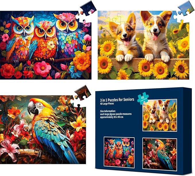 3 Packs Large Piece Puzzle for Seniors - Dementia 48 Pieces Puzzles for Elderly Adults,Alzheimer’s Puzzles Memory Cognitive Games for Elderly Seniors with 3 Storage Bags