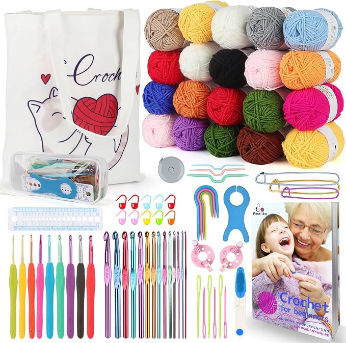 Aeelike Learn to Crochet Kits for Beginner, Crochet Starter Kit with Everything,1093 Yards Acrylic Yarn for Crocheting, 78pcs Crochet Set and Step-by-Step Instruction for Beginners Tote Storage Bag