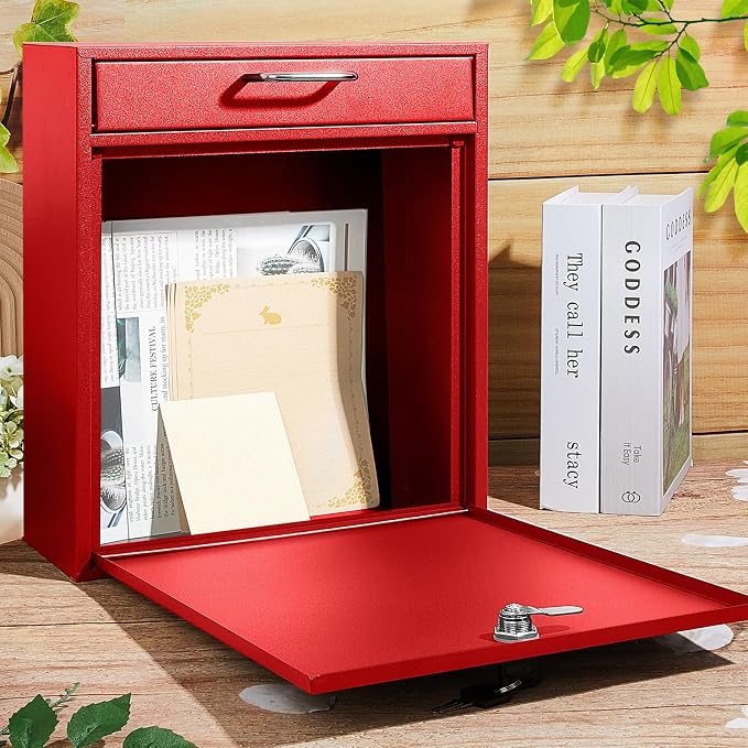 Yaocom Locking Mailbox with Key for Outdoor 12 x 10.5 x 4.7 Inches Large Wall Mount Mail Box with Lock Security Mail Drop Metal Collection Boxes Hanging Secure Postbox(Red)