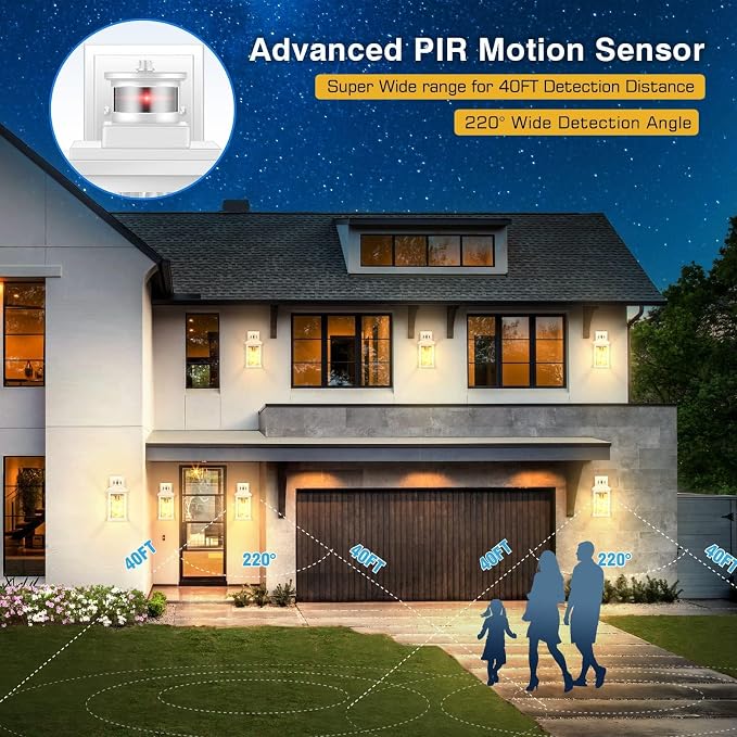 VIANIS 2 Pack Motion Sensor Outdoor Wall Lantern, Exterior Light Fixture | Anti-Rust & Waterproof, White Dusk to Dawn Outdoor Lighting Wall Mount, Tempered Glass, For House Front Porch Garage Entryway