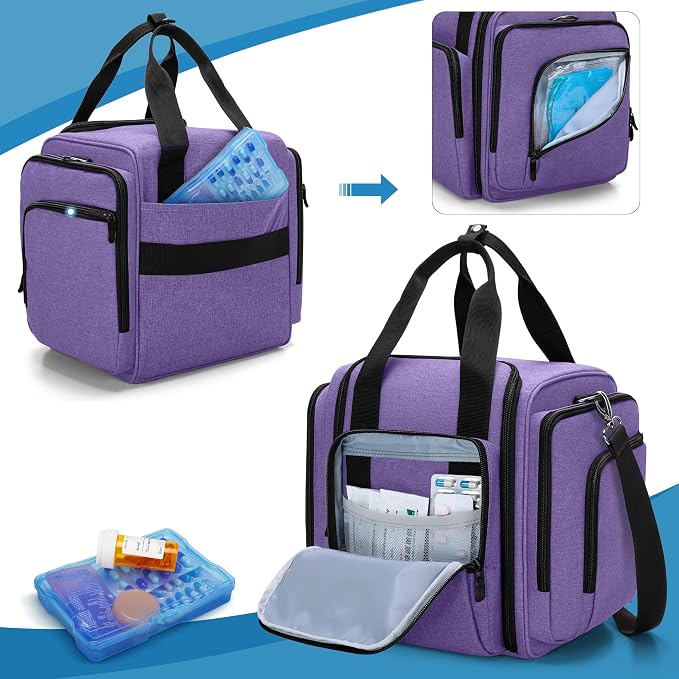 BAFASO Large Pill Bottle Organizer with 4 Inner Removable Pouches, Purple | Medicine Bag Come with Shoulder Strap, BAG ONLY.