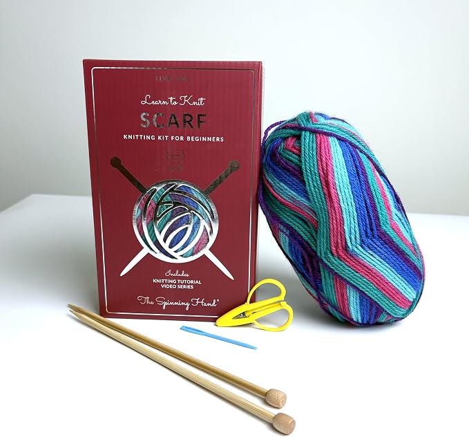 The Spinning Hand Knitting Kit for Beginners Adults – Educator-Designed, Self-Striping Wool Yarn, Bamboo Needles & Video Tutorials (Tie Dye)