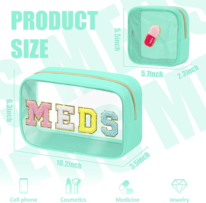 BuyCard 2 Pcs Medicine Chenille Letter Bag Preppy Clear Makeup Meds Pouch for Travel Nylon & PVC Transparent Cosmetic Bag Preppy Patch Toiletry Storage for Women Girls Green