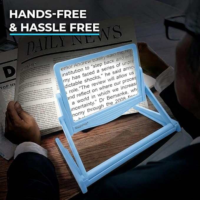 MAGNIPROS 5X Rechargeable LED Page Magnifier with Foldable Stand, Hands-Free Lighted Magnifier with 3 Color Modes, Anti-Glare Lens for Reading Small Print, Low Vision, Seniors, Crafts