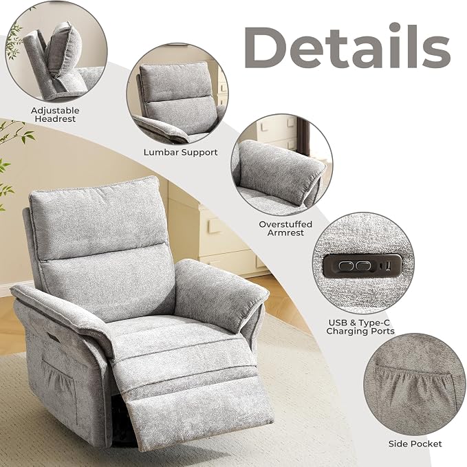 Oversized Power Recliner Chair Swivel Glider with Massage and Heat, Rocker Nursery Recliner for Adults with Adjustable Headrest, 24" Extra Wide Nursery Chair with Overstuffed Armrest,Light Grey