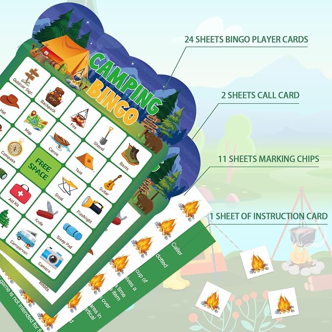 24 Player Camping Bingo Game Cards for Group Activities Party Supplies