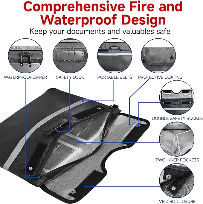 Upgraded 6500°F Fireproof Document Bag with Lock, Waterproof 9-Layer Heat Insulated | Dual-Liner Card Slot Money Bag with Zipper/Reflective Strip for Passport, Important Paper, Cash(15 x 12In)