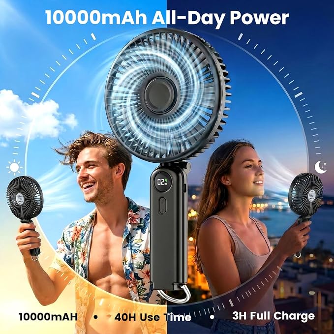 Portable Handheld Fan, 10000mAh Rechargeable 6-Inch Personal Fan for Travel | Ultra Quiet Foldable Desk Fan, 5-Speed Battery Operated Fan with Up to 40H Runtime and Digital Display for Travel and Makeup