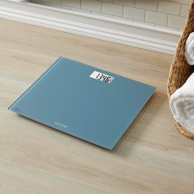 Taylor Digital Bathroom Scale for Body Weight, Extra-Wide 13x15 Slate Blue Glass Platform, Step-On Technology, Easy-Read Backlit Display, High Capacity, 5-Year Warranty