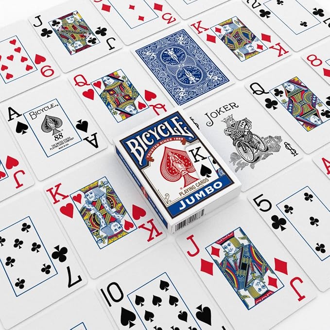 Bicycle Jumbo Index Playing Cards 12 Pack Large Print Poker Size | Air Cushion Finish, Red and blue backs, Made in USA, Easy-to-read suits and numbers for all ages