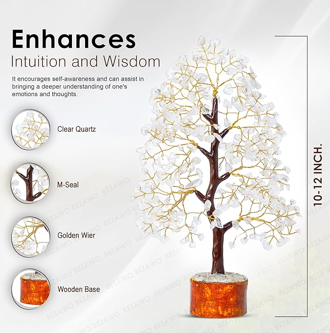 Crocon Clear Quartz Crystal Tree of Life - Chakra for Positive Energy, Feng Shui Decor - Gemstone Money Bonsai Tree, Good Luck Healing Crystals - Meditation Stones, Spiritual Unique Gift 10-12"