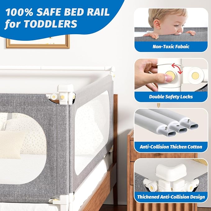 Bed Rails for Toddlers, with Headboard Rod -Height Adjustable Perfect Baby' Safety Bed Rails for Babys Bed Rails Guard (One Side 59.4"(L) ×28"(H)-Gary)