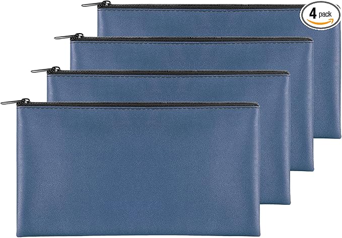 4Pack Money Bag 11 X 6 ", Safe Durable Money Bags with Zipper for Cash Waterproof, Coin Money Pouch PU Leather Bank Bag, Bank Bags with Zipper for Checks Makeup Bills Receipts Tool Storage Bag (Navy)