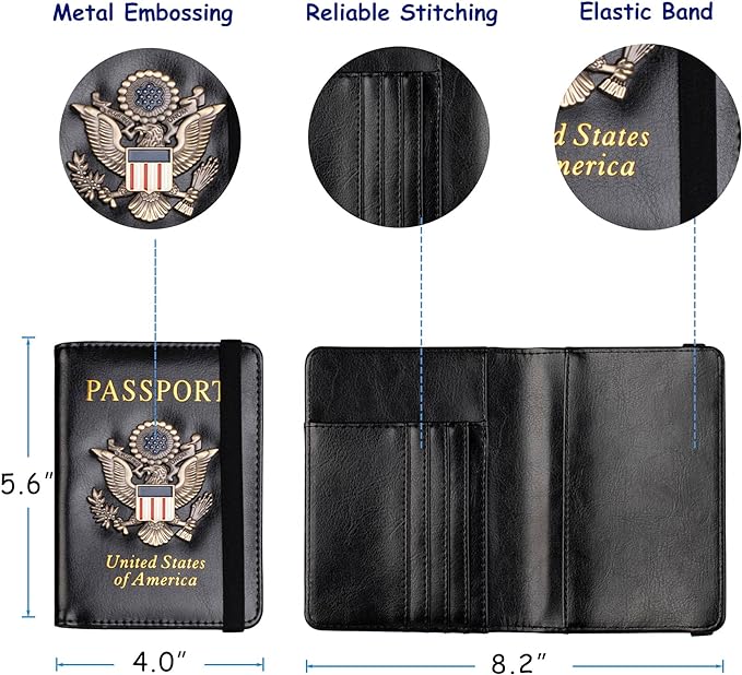 TOURSUIT RFID Blocking Passport Holder, Leather Travel Wallet, Black | Travel Document Holder Cover Accessories, 3D Metal Badge, For Women Men