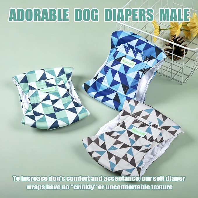 wegreeco Washable Male Dog Diapers (Pack of 3) - Washable Male Dog Belly Wrap (Geometrical Blue Green Coffee, Large)
