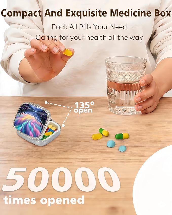 LRITER Pill Case, 2 Compartment Portable Small Travel Pill Organizer for Purse and Pocket, Stylish Medicine Case with Multiple Patterns, Daily Pillbox for Home & Travel (Aurora)
