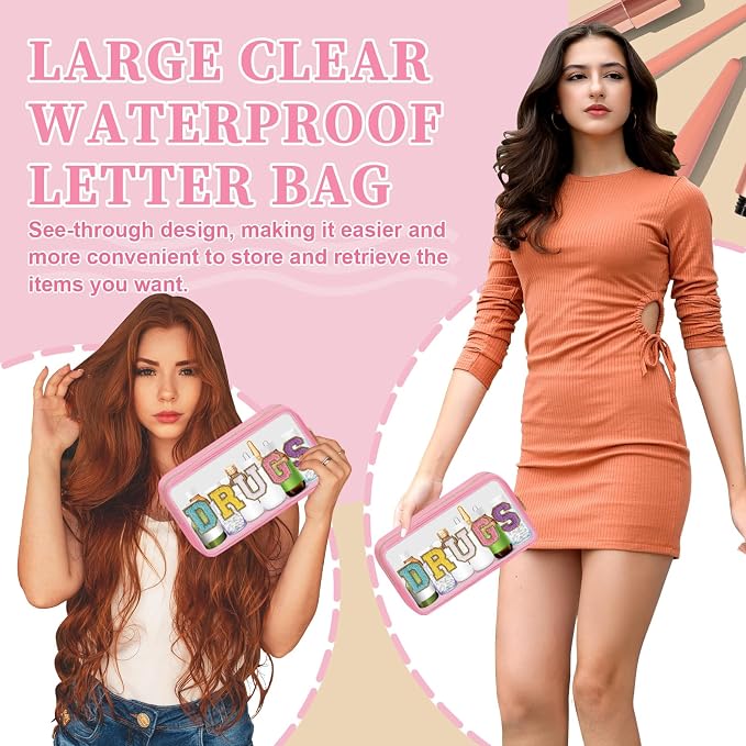 Clear Letter Patch Medicine Bag Drugs Pouch with Zipper, Travel Portable Cosmetic Makeup Bag for Women Girls, Waterproof Nylon PVC Toiletry Meds Storage Case Chenille Letter Stadium Bag(Pink, DRUGS)