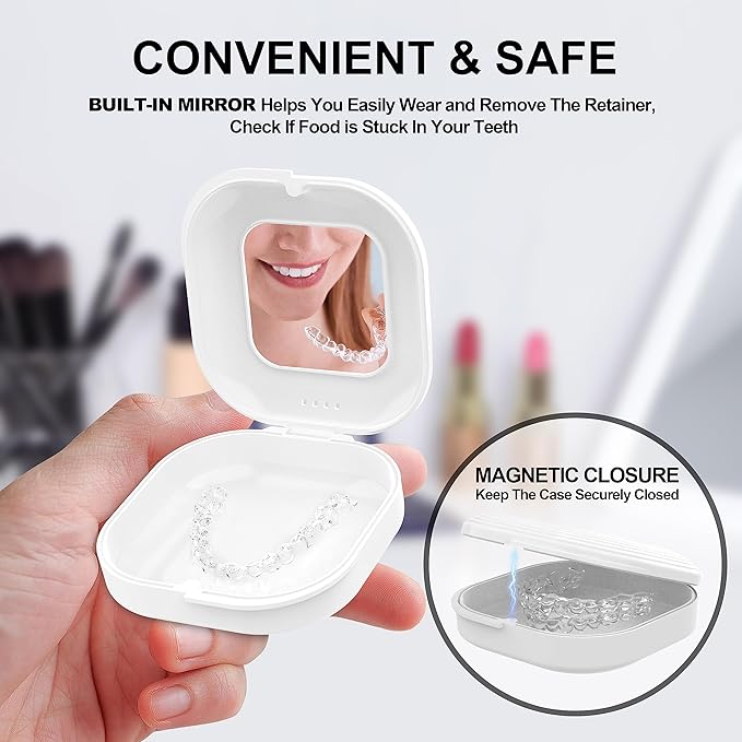 Retainer Case with Mirror and Vent Holes, Cute Retainer Holder Case Compatible with Invisalign, Aligner and Night Guard Case, Slim Retainer Case with Retainer Removal Tool, Chewies & Brush (White)