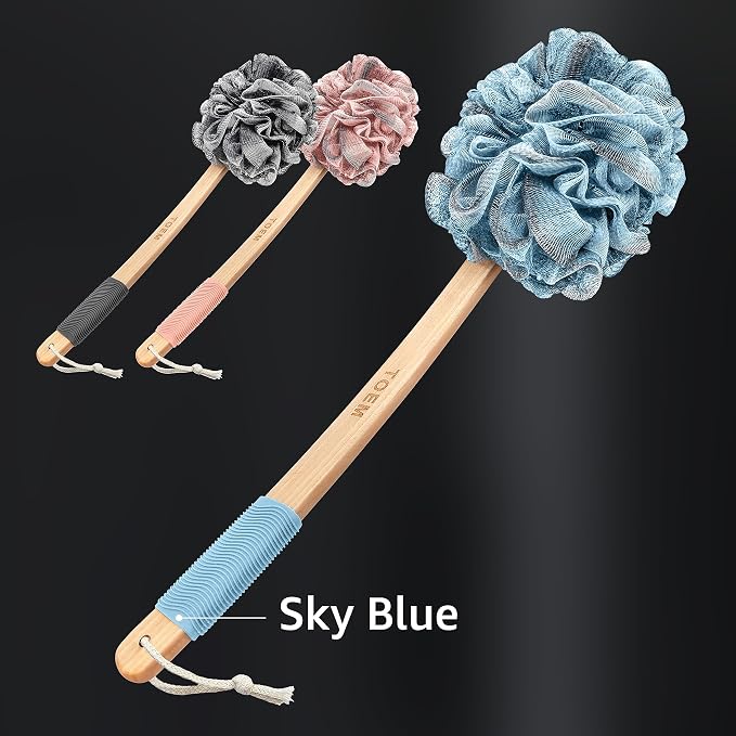 Toem® Loofah Back Scrubber for Shower | Bamboo Charcoal | Long Handle | Luffa & loofa for men & women | Bath sponge | Kit: long-handled scrubber + pouf + hook | Body wash scrub stick | Sky Blue