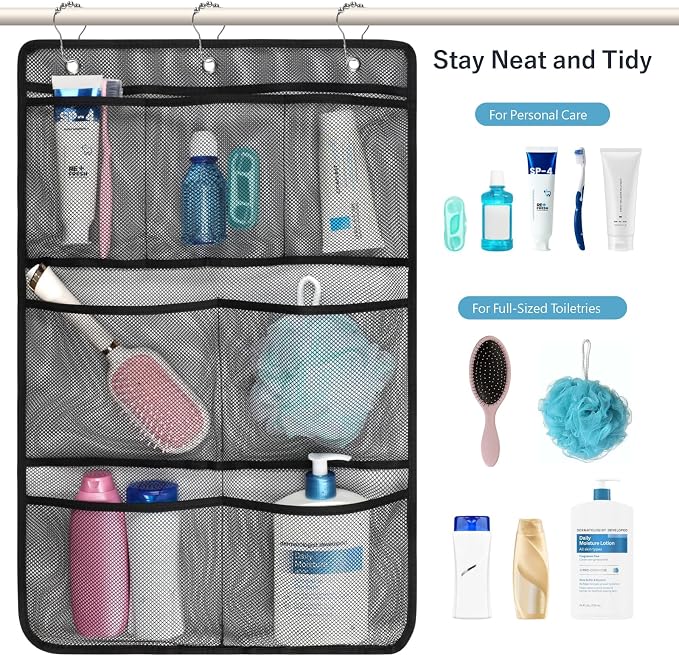 F-color 7-Pocket Mesh Shower Caddy - Hanging Shower Organizer for Cruise | Quick-Dry & See-Through Mesh for Toiletries, Fits Shower Rod Rings or Sticky Hooks for Bathroom & RV, Cruise Essentials 2026