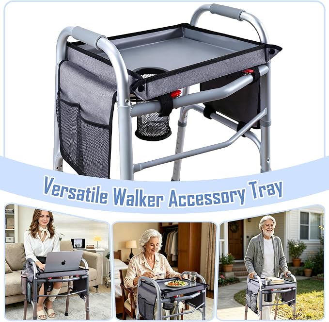 Walker Tray with Two Side Pockets – Universal Seniors Walkers Accessories | Adjustable Side Panels, Waterproof & Easy to Install, With Cup Holder, Cup Holder Keeps Drinks Stable