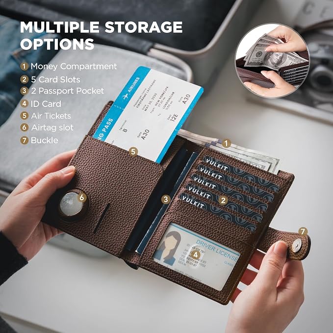 VULKIT Dual Leather Passport Wallet with Airtag Holder Slim Double Passport Holder RFID Blocking Passport Travel Wallet for Women or Men