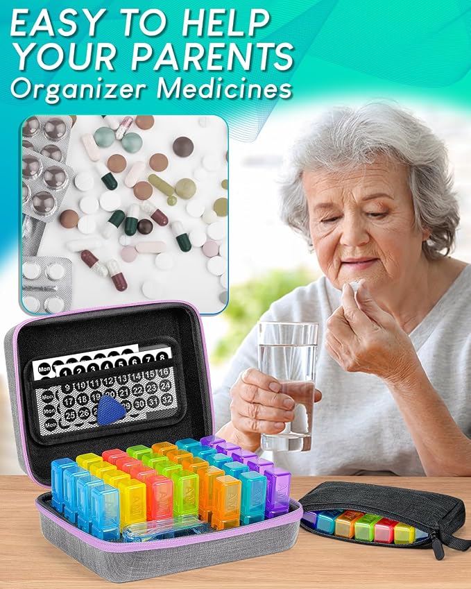 Monthly Pill Organizer 2 Times a Day with Weekly Pill Bags, Portable Hard Shell Case, Pill Cutter & Opener Pick, Monthly and Weekly Stickers for Medication Management (Purple, 2 Times a Day)
