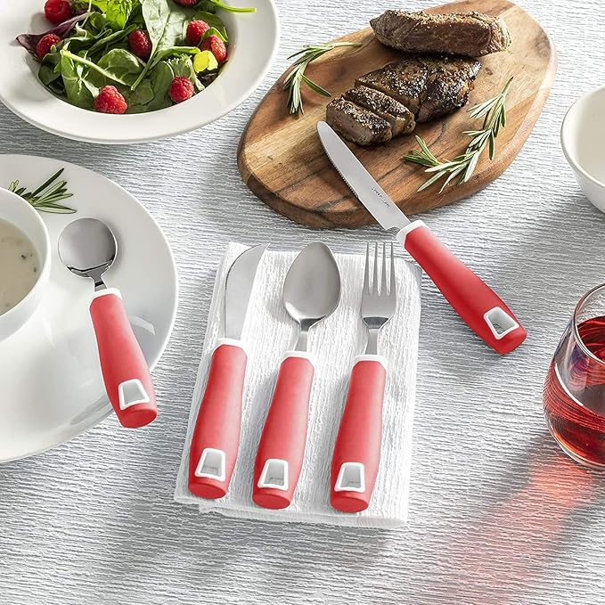 Special Supplies Adaptive Utensils 5-Piece Set Non-Weighted, Non-Slip Handles for Hand Tremors, Arthritis, Parkinson’s or Elderly Use - Stainless Steel Knife, Rocker Knife, Fork, Spoons - Red