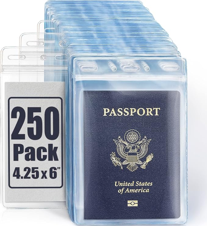 Mifflin-USA Passport & Card Holders (Clear, 4x6 inch, 250 Pack), Extra Large (XXL) ID Name Badge Holder, Waterproof Vertical Plastic Card Holders
