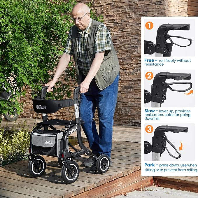 Rollator Walker for Seniors/Adults Foldable Rolling Walker with Seat 330 lbs Capacity 10 inch Wheels Hand Grips Adjustable Height Lightweight Durable Aluminum Walker Removable Back Support (Black)