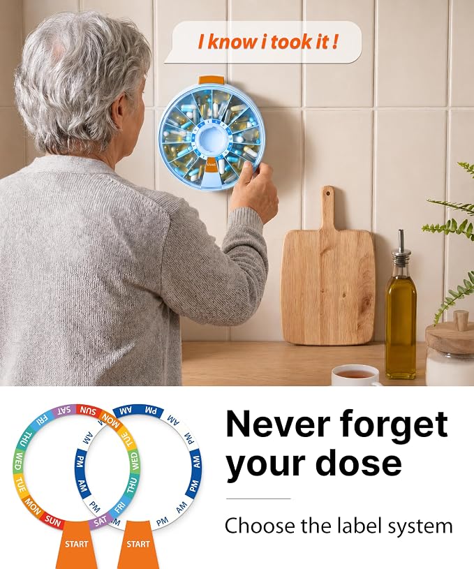 Pill Dispenser 14 Day – Rotating Medicine Organizer Wheel with Push Button, Wall Mounted or Desktop Manual Pill Dispenser for Elderly & Seniors, Large Capacity Vitamin & Medication Organizer
