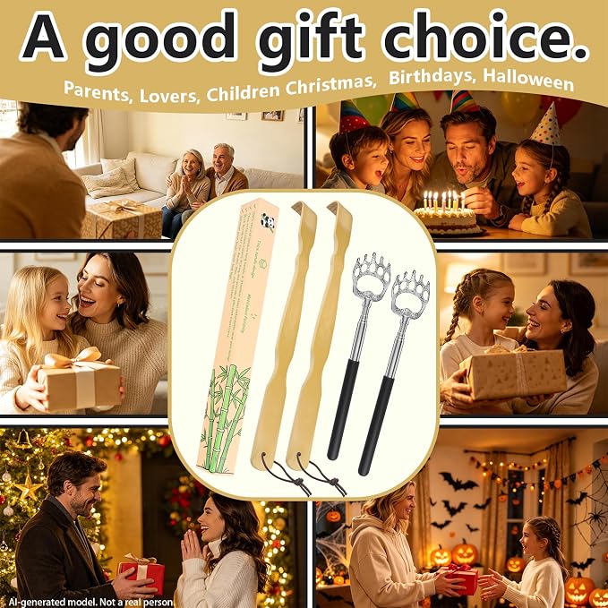 4Pcs Back Scratcher Set, Bamboo & Extendable Stainless Steel | Bear Claw Back Scratcher,BackScratcher Gift for Elderly Men Women Adults (Natural+Black)