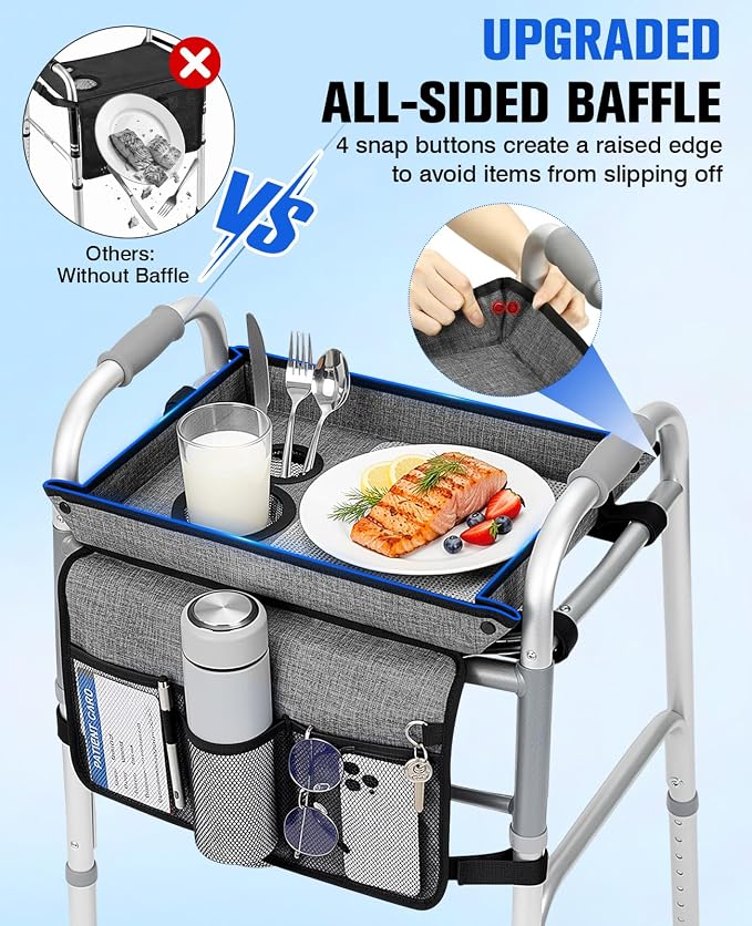Rhino Valley Walker Tray for Folding Walker,Tray for Walker with Cup Holder | Sturdy & Non-Slip Tray for Walkers,Fits Standard Walkers,Removable&Easy Assembly, Mobility Accessory for Seniors Meals Drinks