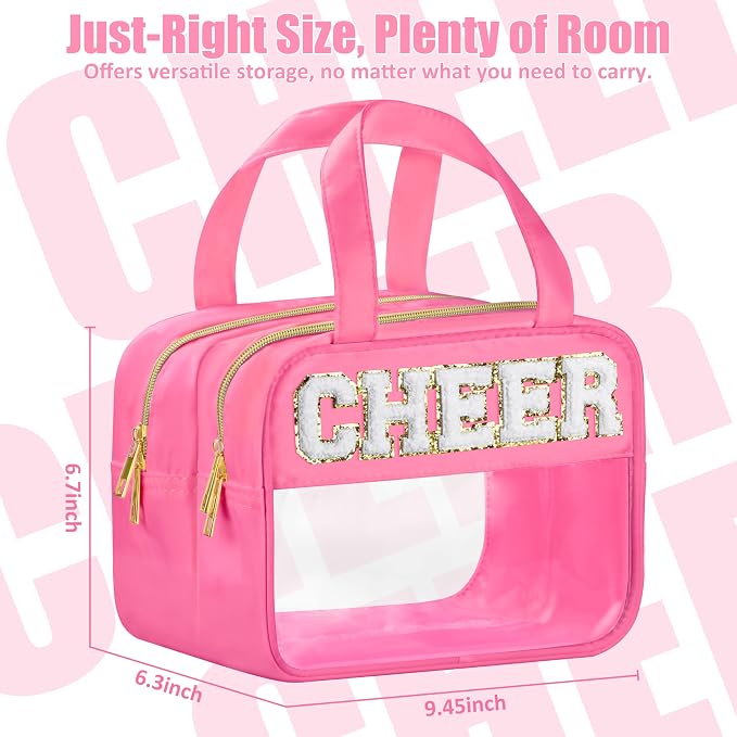 BuyCard Cheer Chenille Letter Bags Clear Makeup Bag for Travel, Cheerleader Gifts Cosmetic Bag with Handles and Zipper, Nylon & PVC Waterproof Large Cheer Accessories Toiletry Bag for Women
