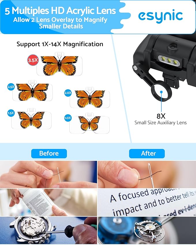 eSynic USB C Rechargeable Head Magnifier Wear Comfortably Magnifying Headset with A Carrying Case-1 to 14X Magnification 5 Acrylic Lenses 3 LED Lights Headband Magnifying Glass for Reading Crafts