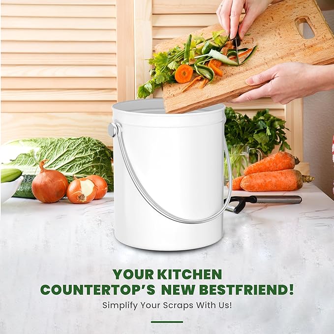 Utopia Kitchen Countertop Compost Bin 1.3 Gallon, Stainless Steel, White | Odorless countertop compost bin with charcoal filter, ideal for food scraps and waste