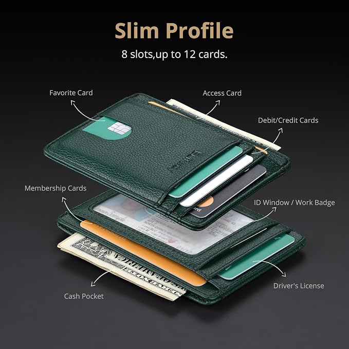 Buffway Slim Minimalist Front Pocket RFID Blocking Leather Wallets for Men and Women - Lichee Green
