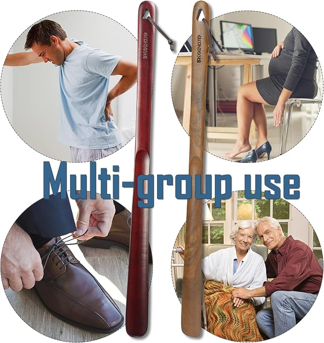 Brosisincorp Wooden Shoe Horn Long Handle for Seniors Helper | Solid Black Walnut Wood, Smooth Finish, Leather Hanging Loop Wall Mount, Reduce Bending Over, for Pregnant Women Back Pain