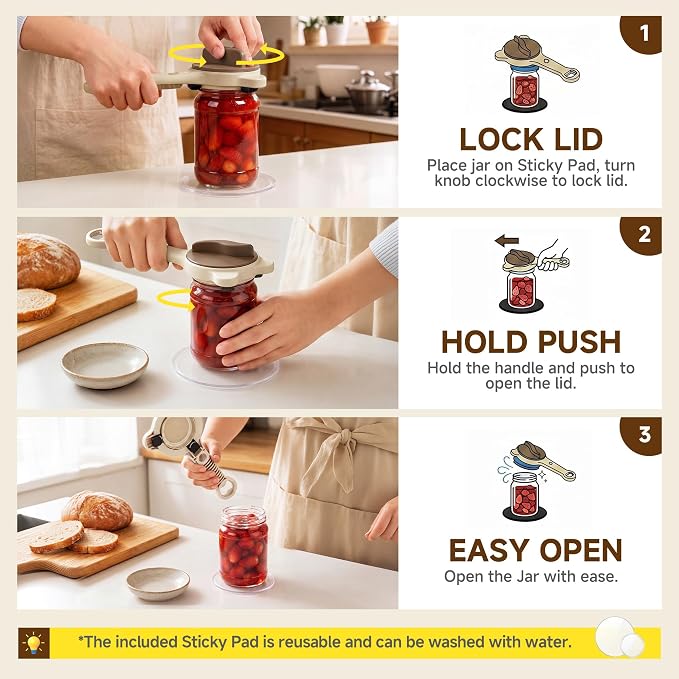 2026 Upgraded 4-in-1 Jar Opener - Adjustable Stainless Steel Lid Remover for Seniors & Arthritis Sufferers, Fits Kitchen Jars, Bottles & Cans Brown(2Pcs)