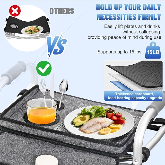 Rhino Valley Walker Tray for Folding Walker,Tray for Walker with Cup Holder | Tray for Walkers with Non-Slip Mat for Food, 3 Front Pockets & 3 Cup Holders, Walker Accessories for Senior, Gray