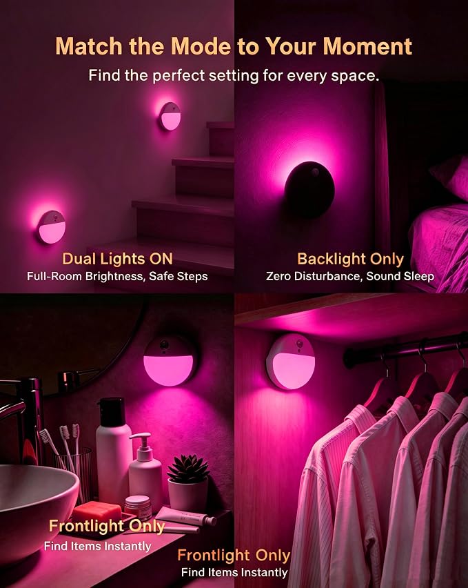 Pink Motion Sensor Night Light Battery Operated, Dim Light,1-15lm | 2 Pack, 3 Modes, Dimmable, Wireless Motion Activated Light, Stick on, Pink Light for Girls, Bathroom, Bedroom, Room Decor