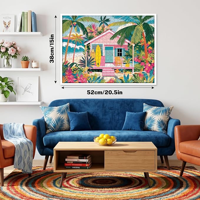 500 Piece Jigsaw Puzzle for Adults, Tropical Beach House | Tropical beach house scene with palm trees, surfboards, flowers, poster, storage bag, back letters and thick cardboard.