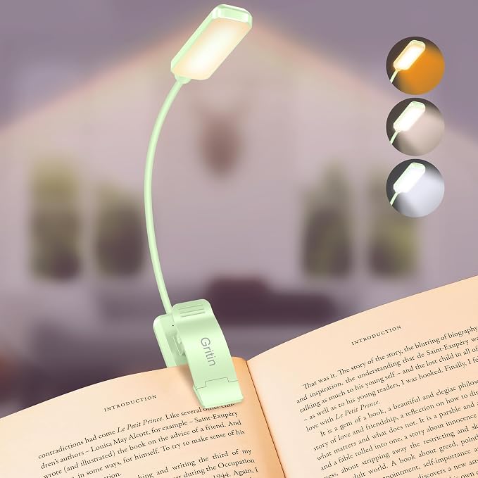 Gritin 9 LED Rechargeable Book Light for Reading in Bed | Eye Caring 3 Color Temps,Stepless Dimming Brightness,80 Hrs Runtime Small Lightweight Clip On Book Reading Light-Cyan