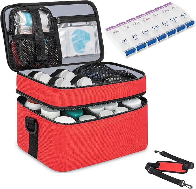 Medicine Storage Bag with 7 Day Pill Box and Portable Pouch | 2 Layers Lockable Medicine Travel Bag with Adjustable Divider, Suitable for Pills, Vitamins, Fish Oil,Medical Supplies